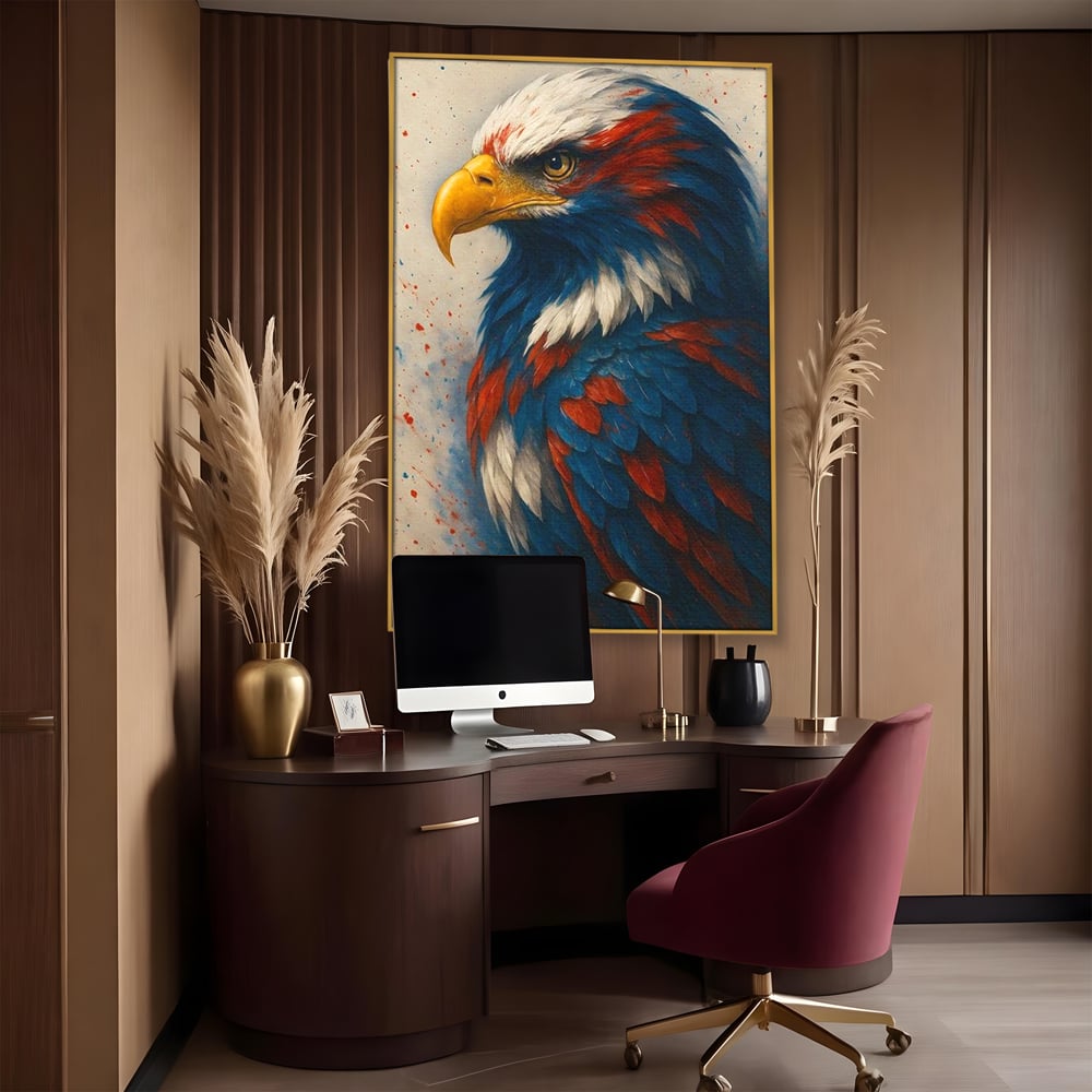 Tablou canvas cu tablou canvas cu vultur american pictat, in rama de aluminiu auriu, pe perete intr-un birou
